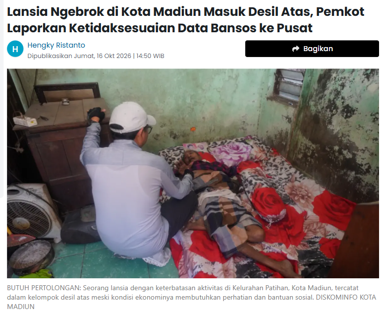 Lansia Ngebrok di Kota Madiun Masuk Desil Atas, Pemkot Laporkan Ketidaksesuaian Data Bansos ke Pusat