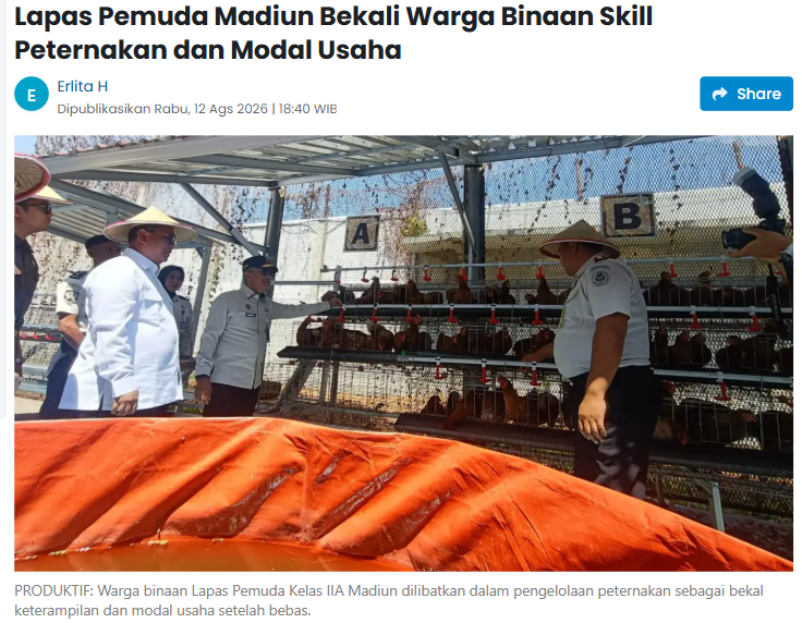 Lapas Pemuda Madiun Bekali Warga Binaan Skill Peternakan dan Modal Usaha