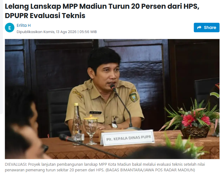 Lelang Lanskap MPP Madiun Turun 20 Persen dari HPS, DPUPR Evaluasi Teknis
