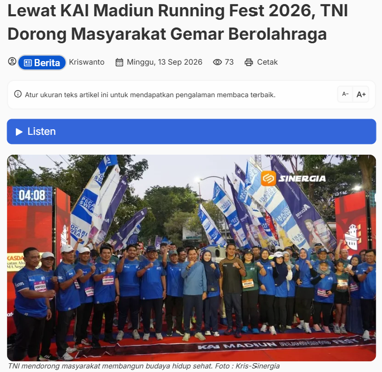 Lewat KAI Madiun Running Fest 2026, TNI Dorong Masyarakat Gemar Berolahraga
