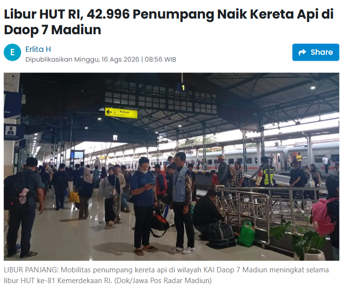 Libur HUT RI, 42.996 Penumpang Naik Kereta Api di Daop 7 Madiun