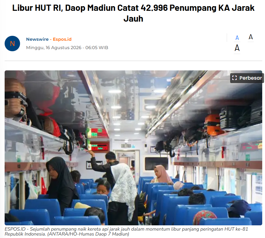 Libur HUT RI, Daop Madiun Catat 42.996 Penumpang KA Jarak Jauh