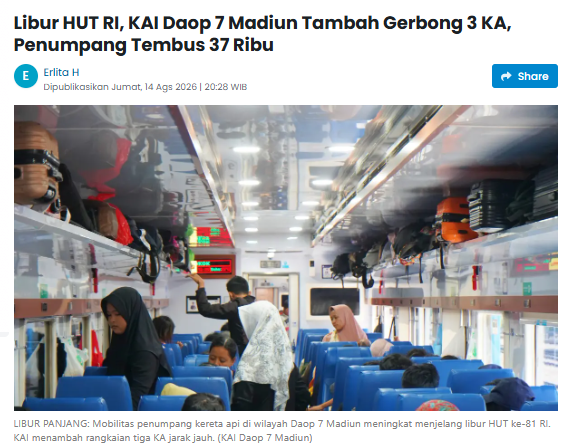 Libur HUT RI, KAI Daop 7 Madiun Tambah Gerbong 3 KA, Penumpang Tembus 37 Ribu