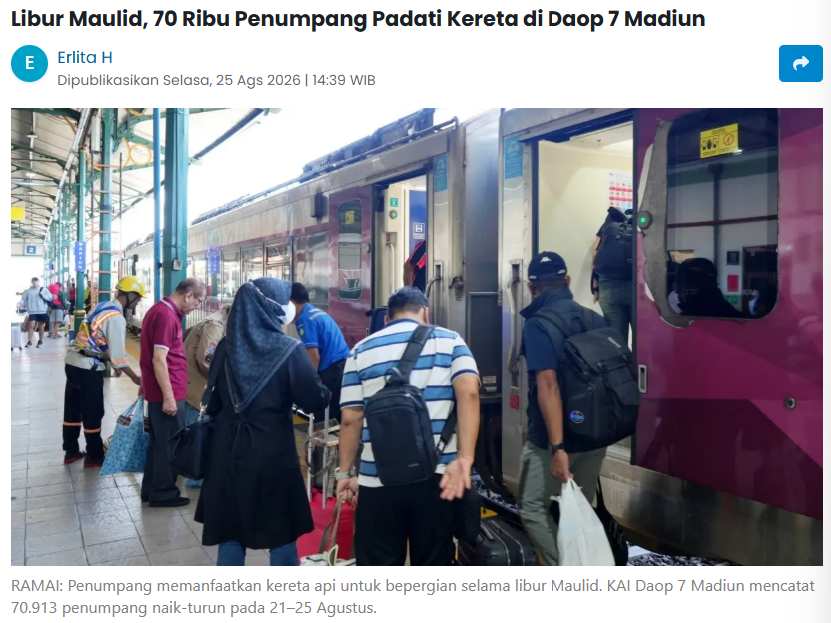 Libur Maulid, 70 Ribu Penumpang Padati Kereta di Daop 7 Madiun