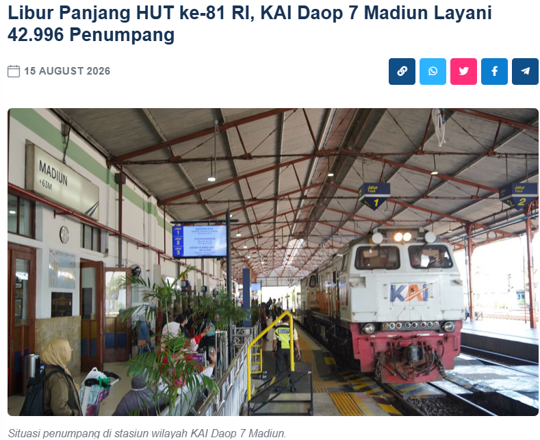 Libur Panjang HUT ke-81 RI, KAI Daop 7 Madiun Layani 42.996 Penumpang