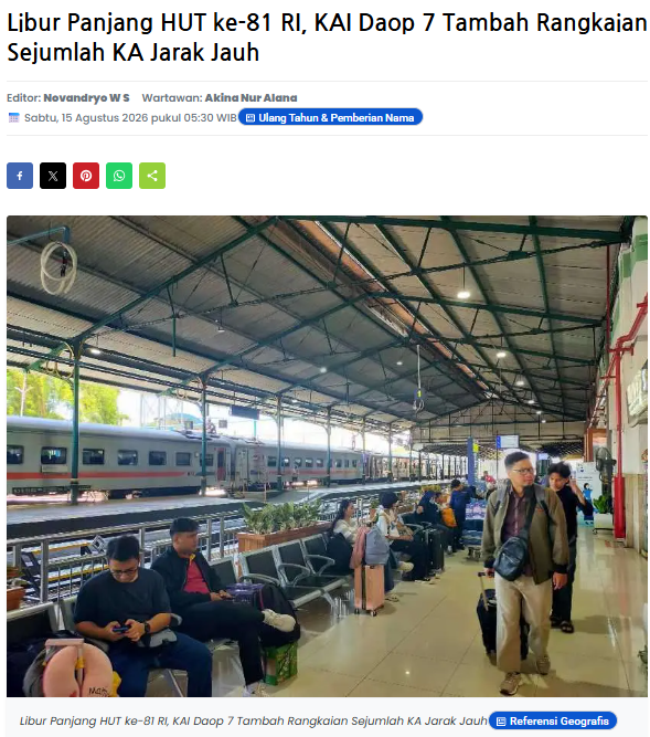 Libur Panjang HUT ke-81 RI, KAI Daop 7 Tambah Rangkaian Sejumlah KA Jarak Jauh
