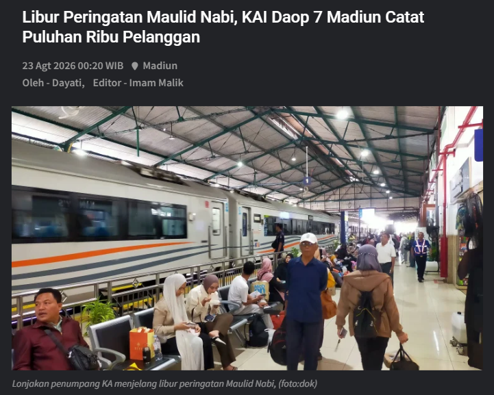 Libur Peringatan Maulid Nabi, KAI Daop 7 Madiun Catat Puluhan Ribu Pelanggan