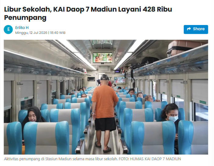 Libur Sekolah, KAI Daop 7 Madiun Layani 428 Ribu Penumpang