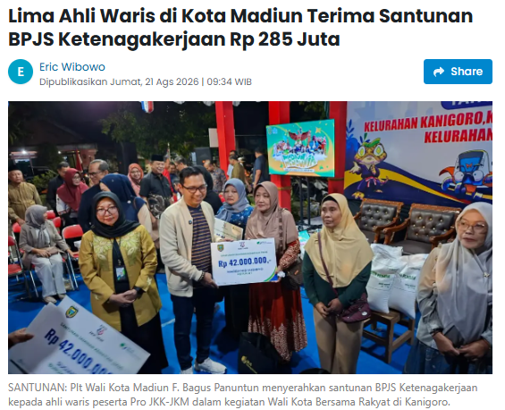 Lima Ahli Waris di Kota Madiun Terima Santunan BPJS Ketenagakerjaan Rp 285 Juta