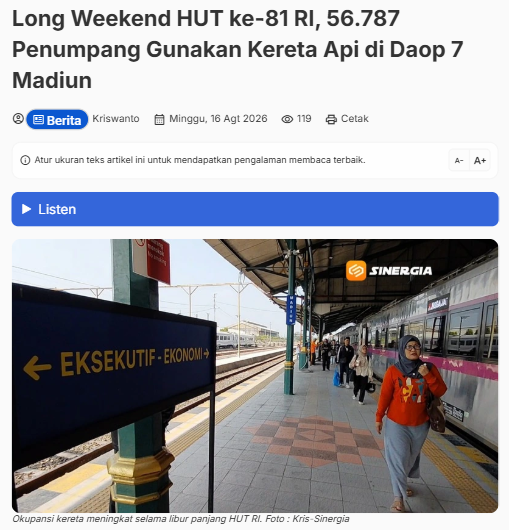 Long Weekend HUT ke-81 RI, 56.787 Penumpang Gunakan Kereta Api di Daop 7 Madiun