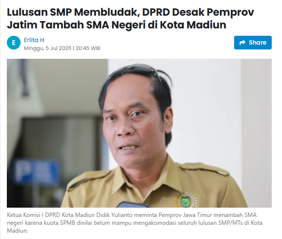 Lulusan SMP Membludak, DPRD Desak Pemprov Jatim Tambah SMA Negeri di Kota Madiun