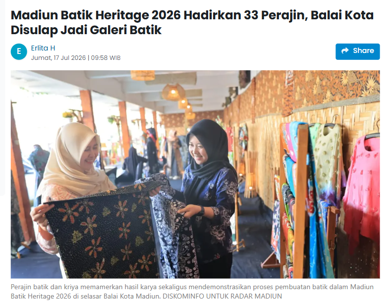 Madiun Batik Heritage 2026 Hadirkan 33 Perajin, Balai Kota Disulap Jadi Galeri Batik