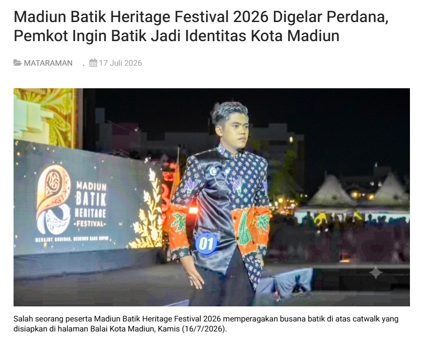Madiun Batik Heritage Festival 2026 Digelar Perdana, Pemkot Ingin Batik Jadi Identitas Kota Madiun