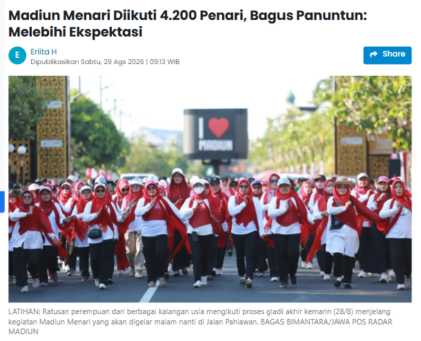 Madiun Menari Diikuti 4.200 Penari, Bagus Panuntun: Melebihi Ekspektasi