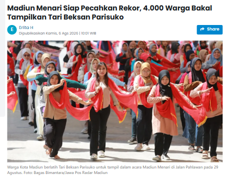 Madiun Menari Siap Pecahkan Rekor, 4.000 Warga Bakal Tampilkan Tari Beksan Parisuko