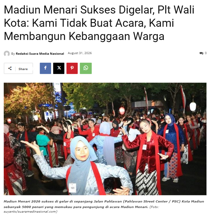 Madiun Menari Sukses Digelar, Plt Wali Kota: Kami Tidak Buat Acara, Kami Membangun Kebanggaan Warga