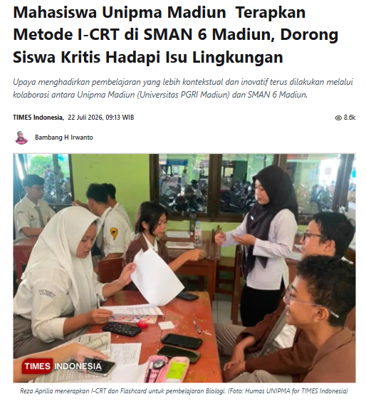 Mahasiswa Unipma Madiun  Terapkan Metode I-CRT di SMAN 6 Madiun, Dorong Siswa Kritis Hadapi Isu Lingkungan