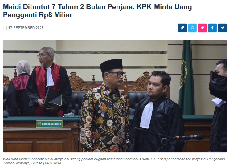 Maidi Dituntut 7 Tahun 2 Bulan Penjara, KPK Minta Uang Pengganti Rp8 Miliar