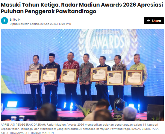Masuki Tahun Ketiga, Radar Madiun Awards 2026 Apresiasi Puluhan Penggerak Pawitandirogo