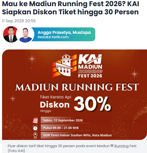 Mau ke Madiun Running Fest 2026? KAI Siapkan Diskon Tiket hingga 30 Persen