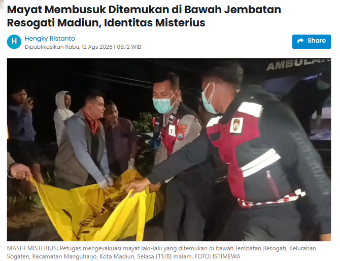Mayat Membusuk Ditemukan di Bawah Jembatan Resogati Madiun, Identitas Misterius