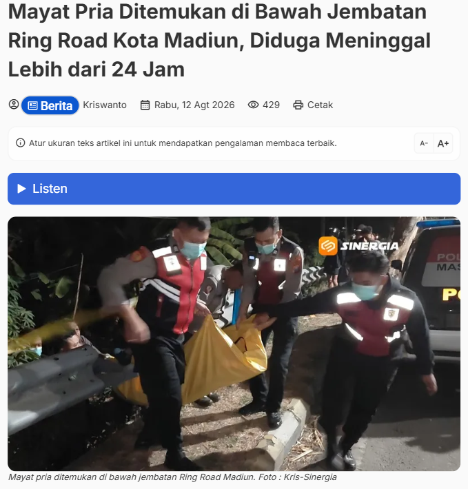 Mayat Pria Ditemukan di Bawah Jembatan Ring Road Kota Madiun, Diduga Meninggal Lebih dari 24 Jam