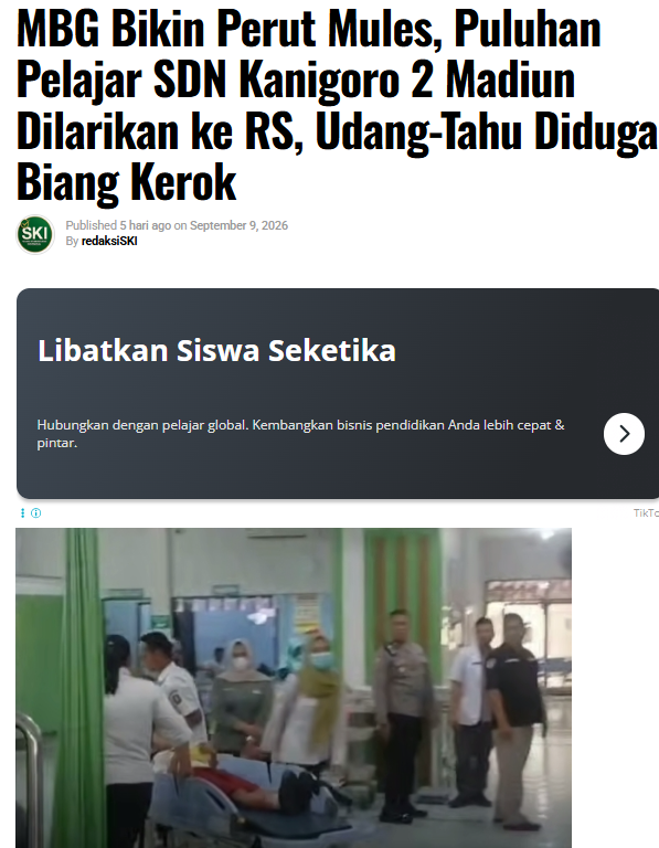 MBG Bikin Perut Mules, Puluhan Pelajar SDN Kanigoro 2 Madiun Dilarikan ke RS, Udang-Tahu Diduga Biang Kerok