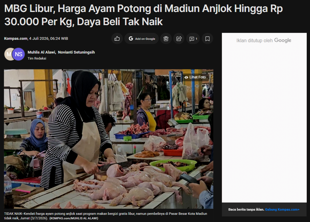 MBG Libur, Harga Ayam Potong di Madiun Anjlok Hingga Rp 30.000 Per Kg, Daya Beli Tak Naik
