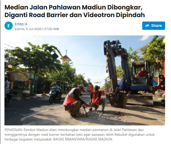 Median Jalan Pahlawan Madiun Dibongkar, Diganti Road Barrier dan Videotron Dipindah