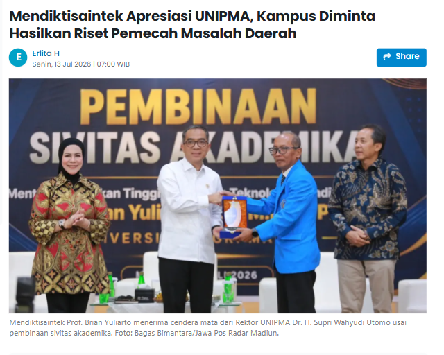 Mendiktisaintek Apresiasi UNIPMA, Kampus Diminta Hasilkan Riset Pemecah Masalah Daerah