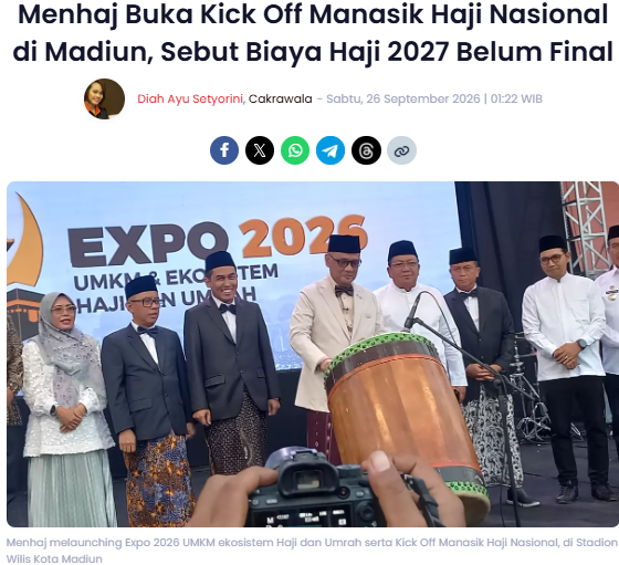 Menhaj Buka Kick Off Manasik Haji Nasional di Madiun, Sebut Biaya Haji 2027 Belum Final