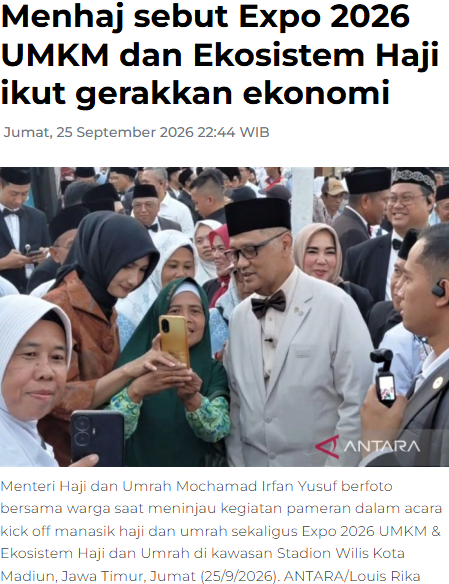Menhaj sebut Expo 2026 UMKM dan Ekosistem Haji ikut gerakkan ekonomi