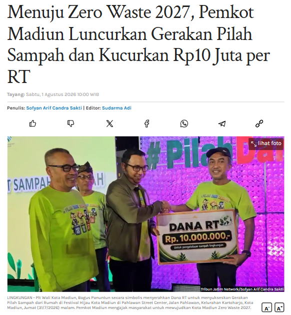 Menuju Zero Waste 2027, Pemkot Madiun Luncurkan Gerakan Pilah Sampah dan Kucurkan Rp10 Juta per RT