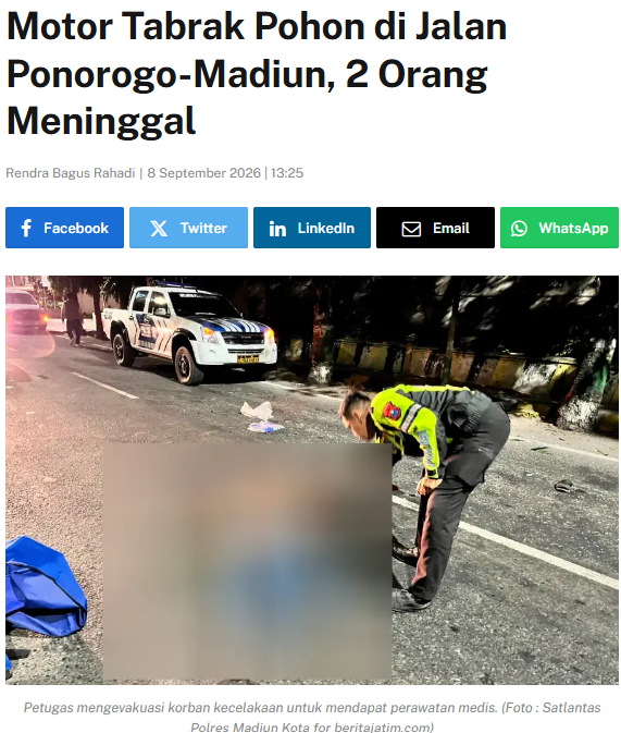 Motor Tabrak Pohon di Jalan Ponorogo-Madiun, 2 Orang Meninggal