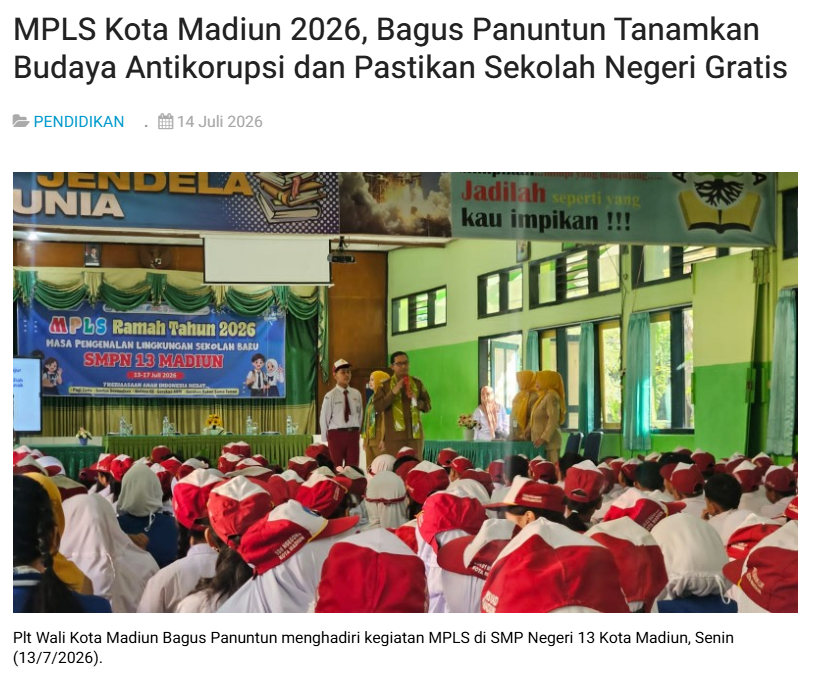 MPLS Kota Madiun 2026, Bagus Panuntun Tanamkan Budaya Antikorupsi dan Pastikan Sekolah Negeri Gratis