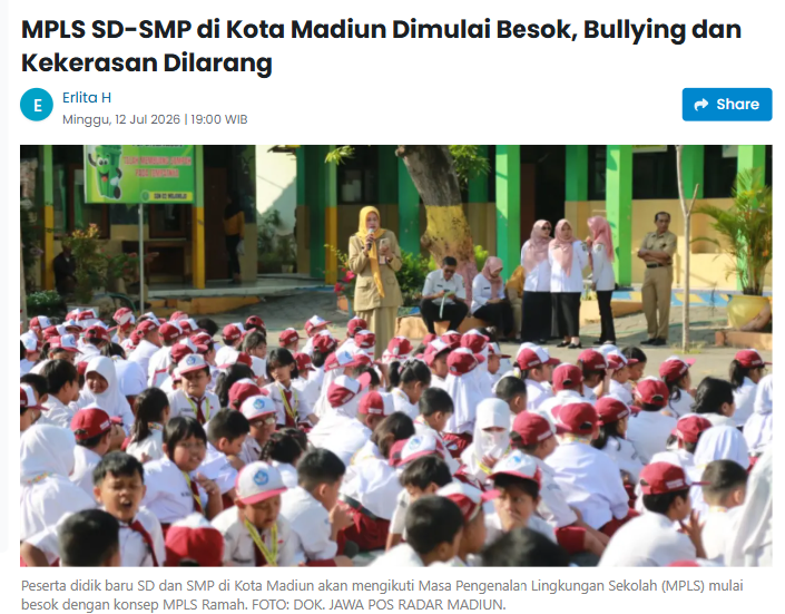 MPLS SD-SMP di Kota Madiun Dimulai Besok, Bullying dan Kekerasan Dilarang