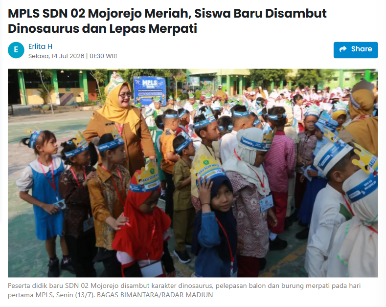 MPLS SDN 02 Mojorejo Meriah, Siswa Baru Disambut Dinosaurus dan Lepas Merpati