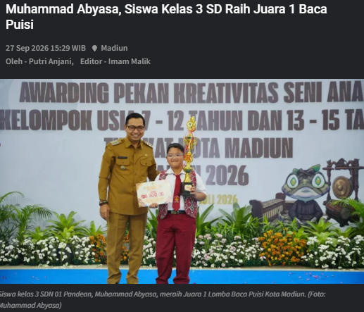 Muhammad Abyasa, Siswa Kelas 3 SD Raih Juara 1 Baca Puisi