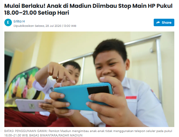 Mulai Berlaku! Anak di Madiun Diimbau Stop Main HP Pukul 18.00–21.00 Setiap Hari