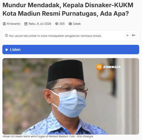 Mundur Mendadak, Kepala Disnaker-KUKM Kota Madiun Resmi Purnatugas, Ada Apa?