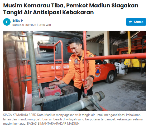 Musim Kemarau Tiba, Pemkot Madiun Siagakan Tangki Air Antisipasi Kebakaran