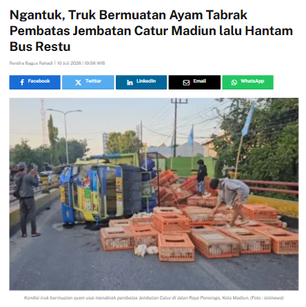 Ngantuk, Truk Bermuatan Ayam Tabrak Pembatas Jembatan Catur Madiun lalu Hantam Bus Restu