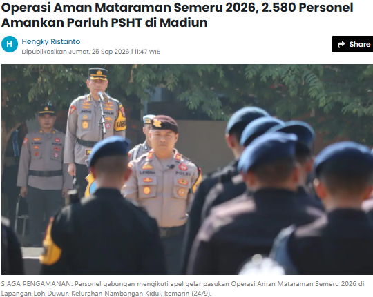 Operasi Aman Mataraman Semeru 2026, 2.580 Personel Amankan Parluh PSHT di Madiun