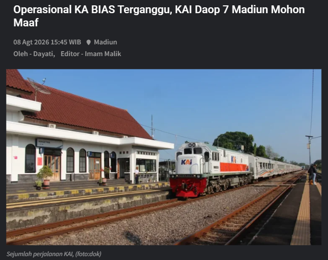 Operasional KA BIAS Terganggu, KAI Daop 7 Madiun Mohon Maaf