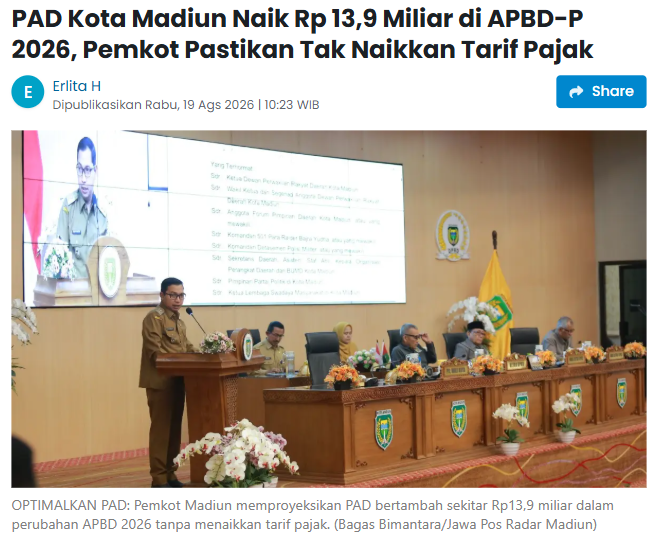 PAD Kota Madiun Naik Rp 13,9 Miliar di APBD-P 2026, Pemkot Pastikan Tak Naikkan Tarif Pajak