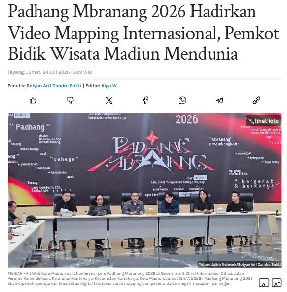 Padhang Mbranang 2026 Hadirkan Video Mapping Internasional, Pemkot Bidik Wisata Madiun Mendunia