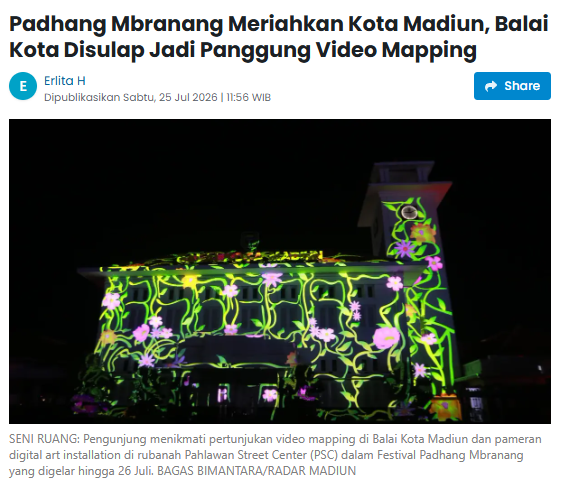 Padhang Mbranang Meriahkan Kota Madiun, Balai Kota Disulap Jadi Panggung Video Mapping