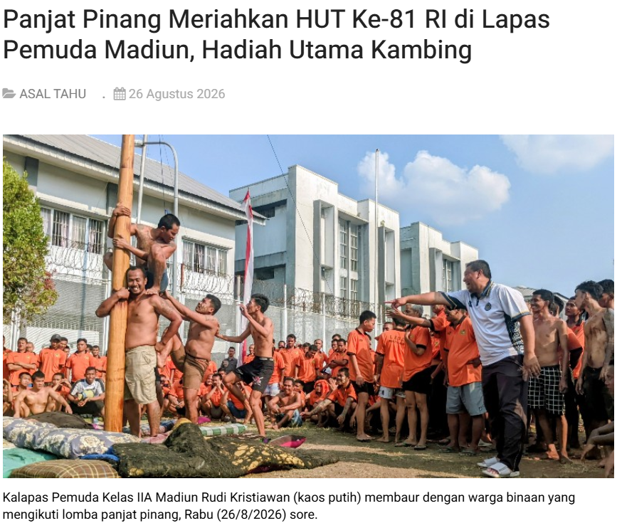 Panjat Pinang Meriahkan HUT Ke-81 RI di Lapas Pemuda Madiun, Hadiah Utama Kambing