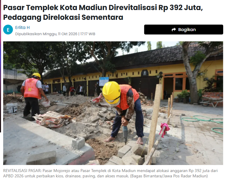 Pasar Templek Kota Madiun Direvitalisasi Rp 392 Juta, Pedagang Direlokasi Sementara