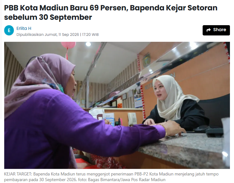 PBB Kota Madiun Baru 69 Persen, Bapenda Kejar Setoran sebelum 30 September
